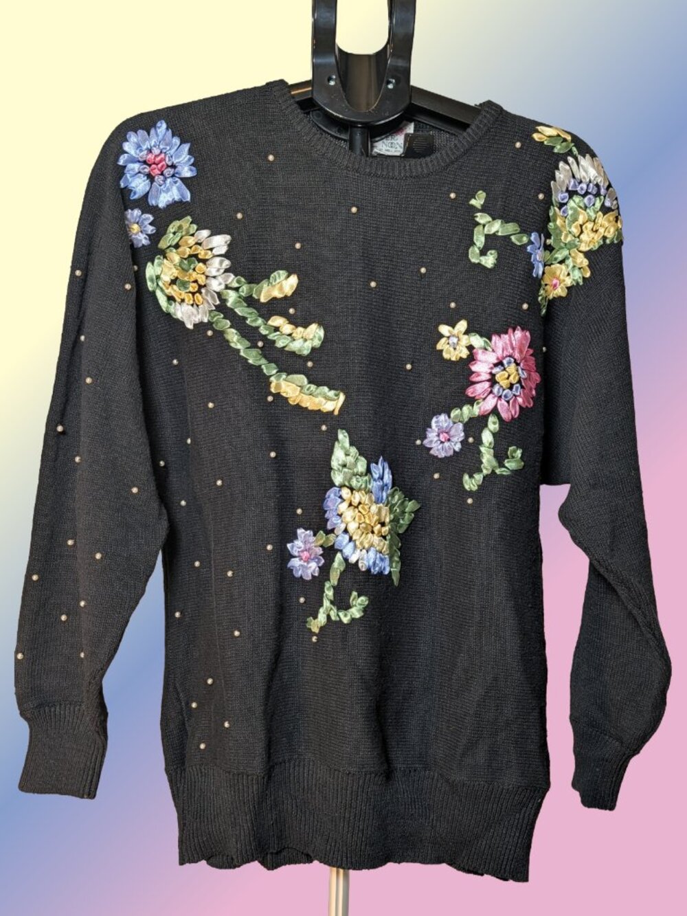 Vintage 90s Lacy After Noon Shell Kepler sz M Black Sweater Ribbon Floral Knit